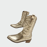 Metalické cowboy boty – Dámské boty, se zipem, s nízkým podpatkem, vyšívané