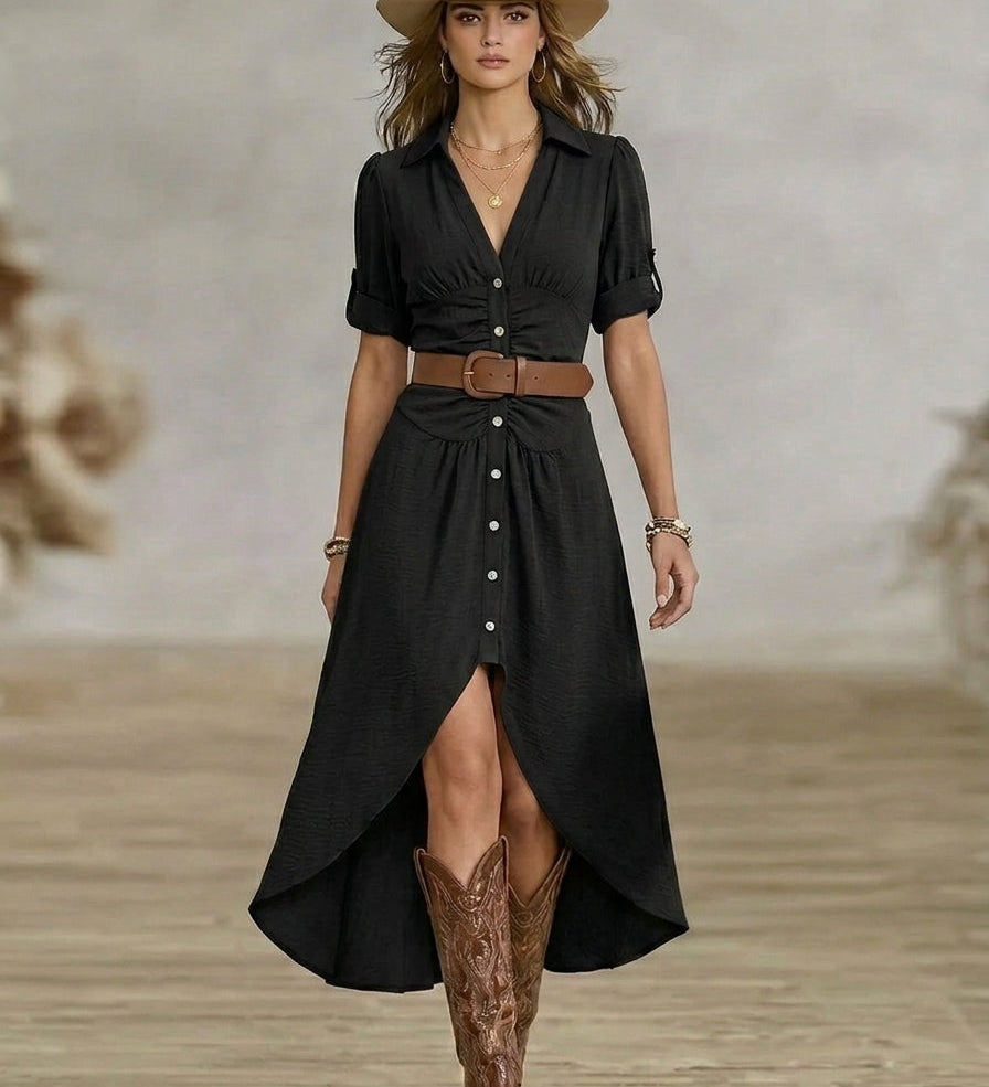 Sânziana – Maxi šaty ve western‑boho stylu s páskem a předním zapínáním na knoflíky