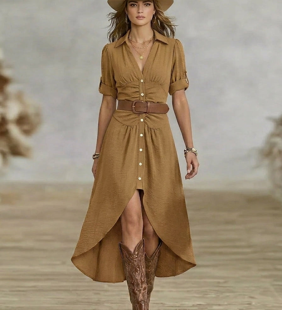 Sânziana – Maxi šaty ve western‑boho stylu s páskem a předním zapínáním na knoflíky