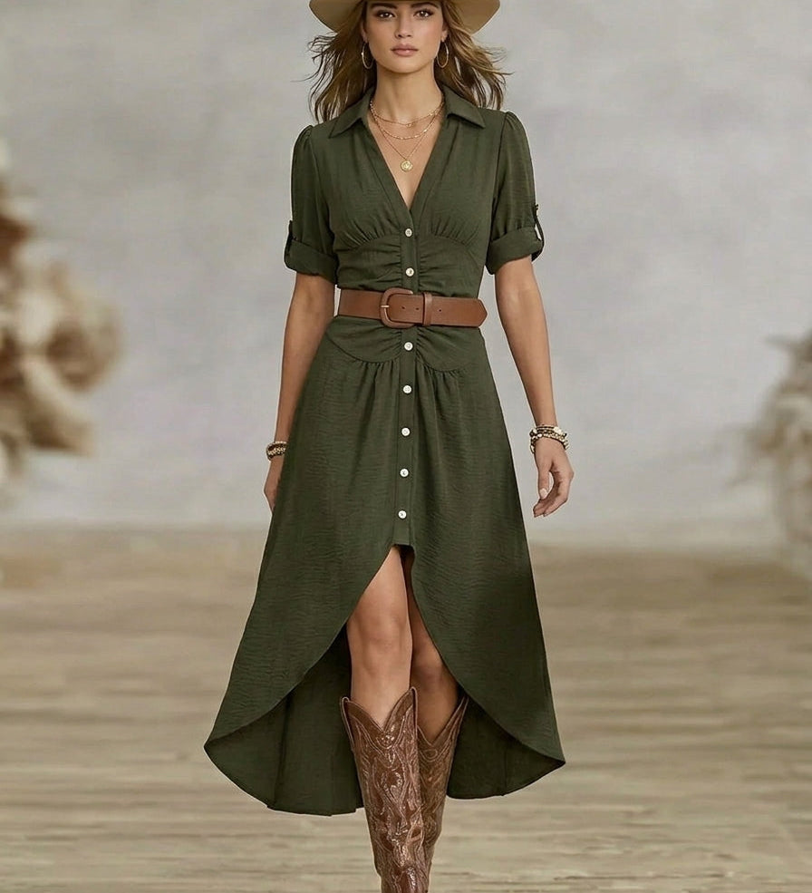Sânziana – Maxi šaty ve western‑boho stylu s páskem a předním zapínáním na knoflíky