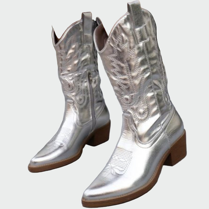 Metalické cowboy boty – Dámské boty, se zipem, s nízkým podpatkem, vyšívané
